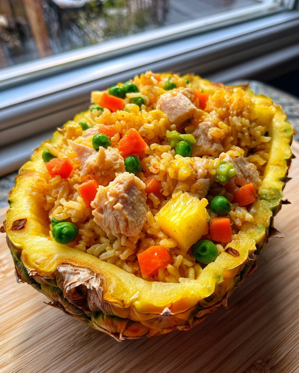 Close-up of amazing pineapple fried rice with chicken, peas, and carrots served inside a hollowed-out pineapple half.