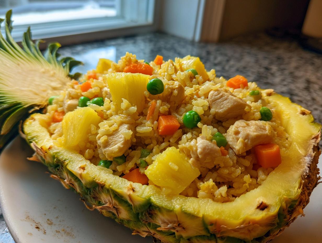 Colorful pineapple fried rice served inside a hollowed-out pineapple half, featuring chicken, carrots, peas, and pineapple chunks.