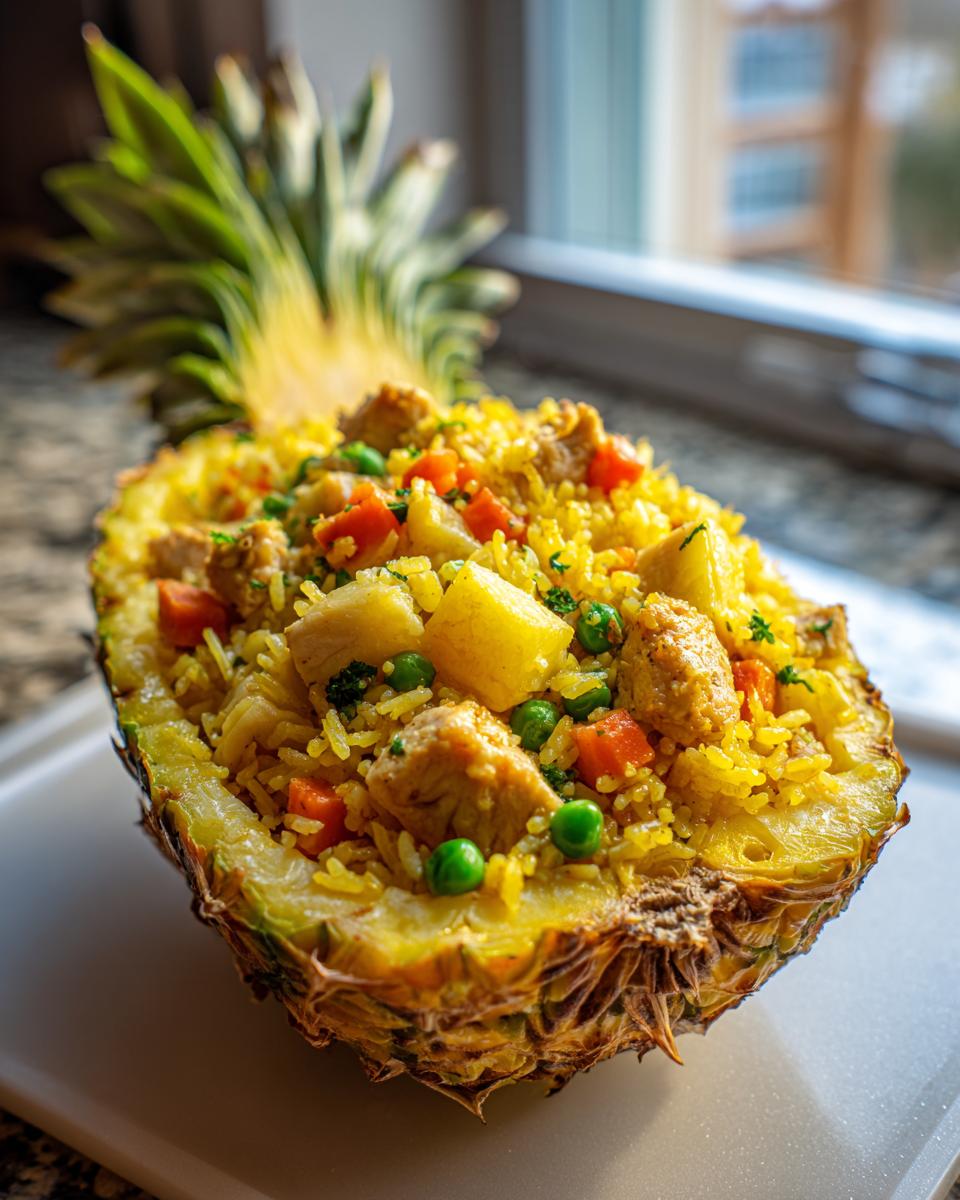 Close-up of vibrant yellow pineapple fried rice served inside a hollowed-out pineapple half.