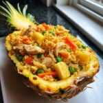 Close-up of amazing pineapple fried rice served inside a hollowed-out pineapple half, featuring chicken, peas, and carrots.