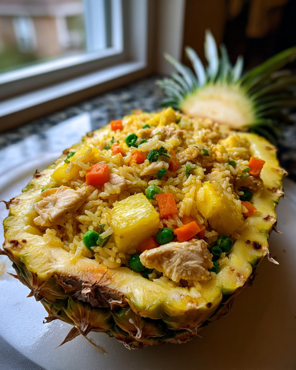 Close-up of amazing pineapple fried rice served inside a hollowed-out pineapple half.