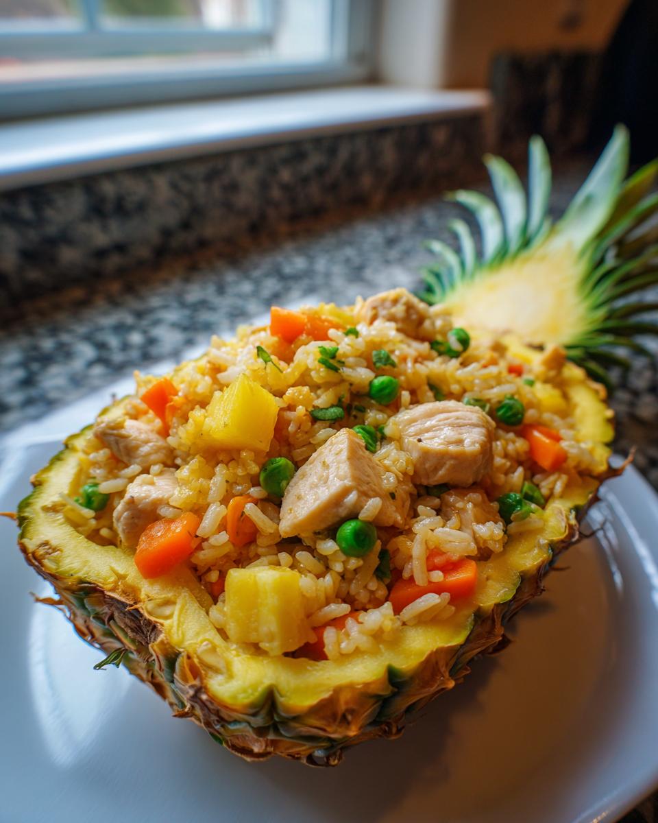 Close-up of amazing pineapple fried rice served inside a hollowed-out pineapple half, featuring chicken, carrots, and peas.