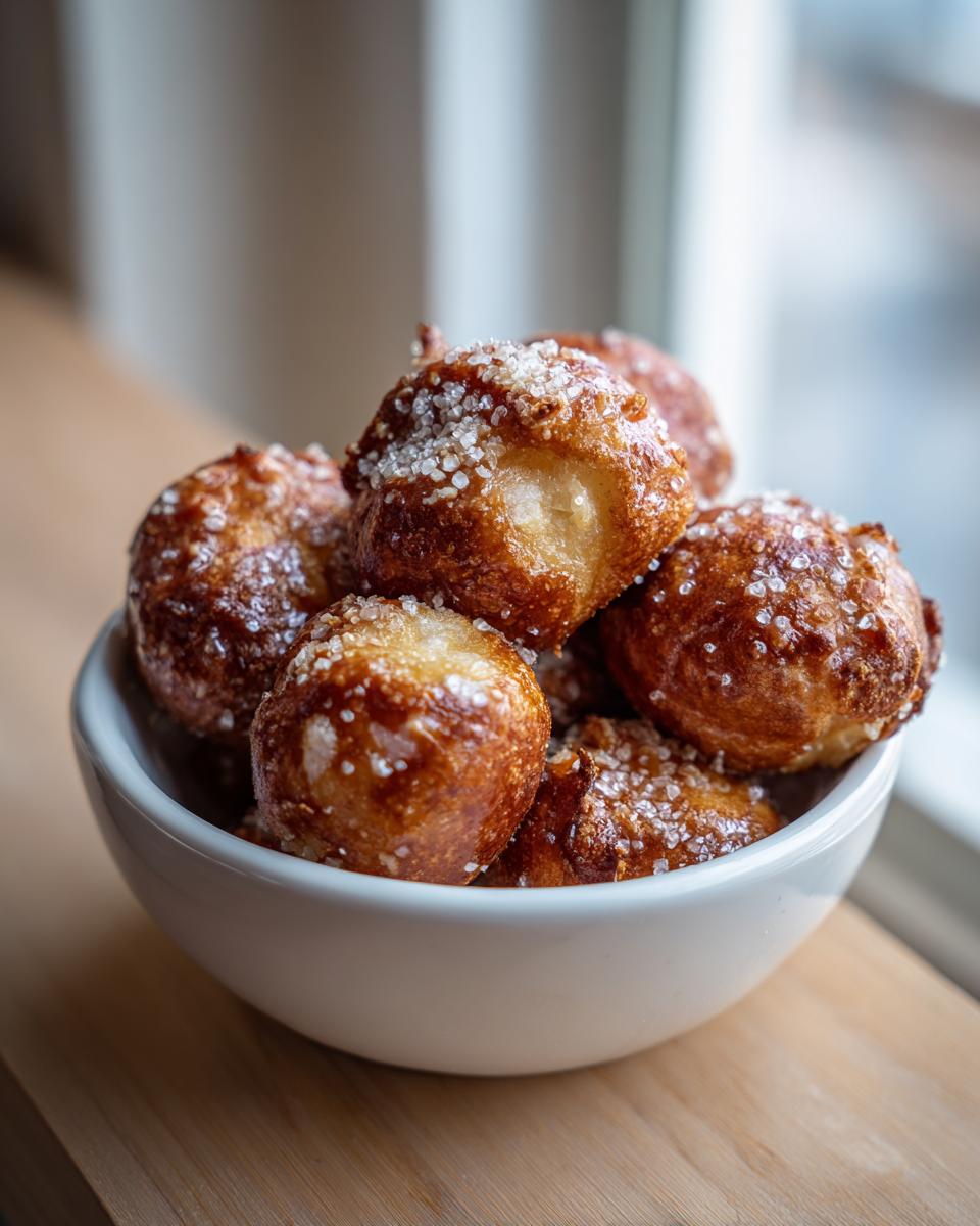 A white bowl filled with freshly baked, golden brown pretzel bites sprinkled with coarse salt.