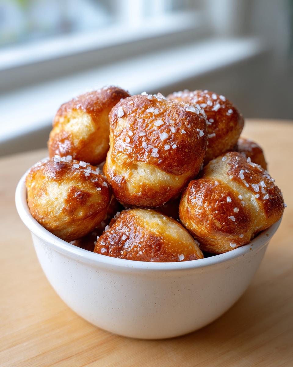 A white bowl filled with freshly baked, golden brown pretzel bites sprinkled generously with coarse sea salt.