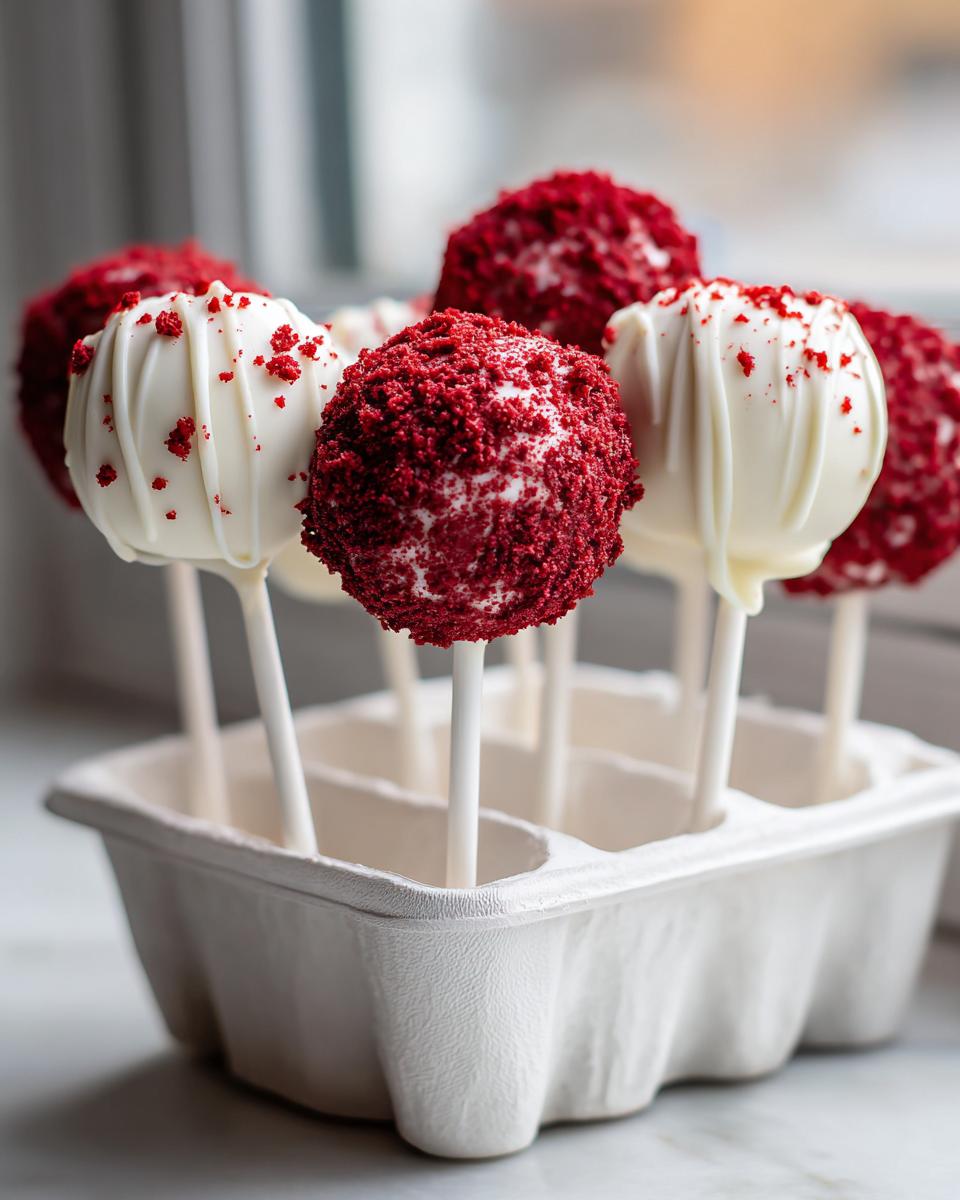 A group of vibrant red velvet cake pops, some dipped in white chocolate, standing in a holder.