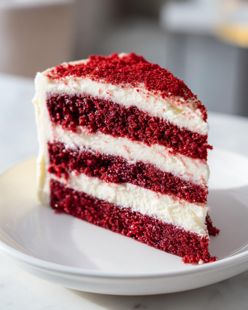 A perfect slice of moist red velvet cake with three layers and cream cheese frosting.