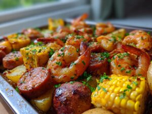 Close-up of a flavorful shrimp boil featuring seasoned shrimp, sausage slices, corn on the cob, and potatoes.