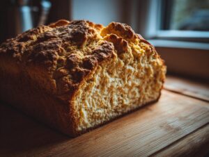 A close-up of a golden-brown, crusty loaf of homemade soda bread resting on a wooden cutting board.