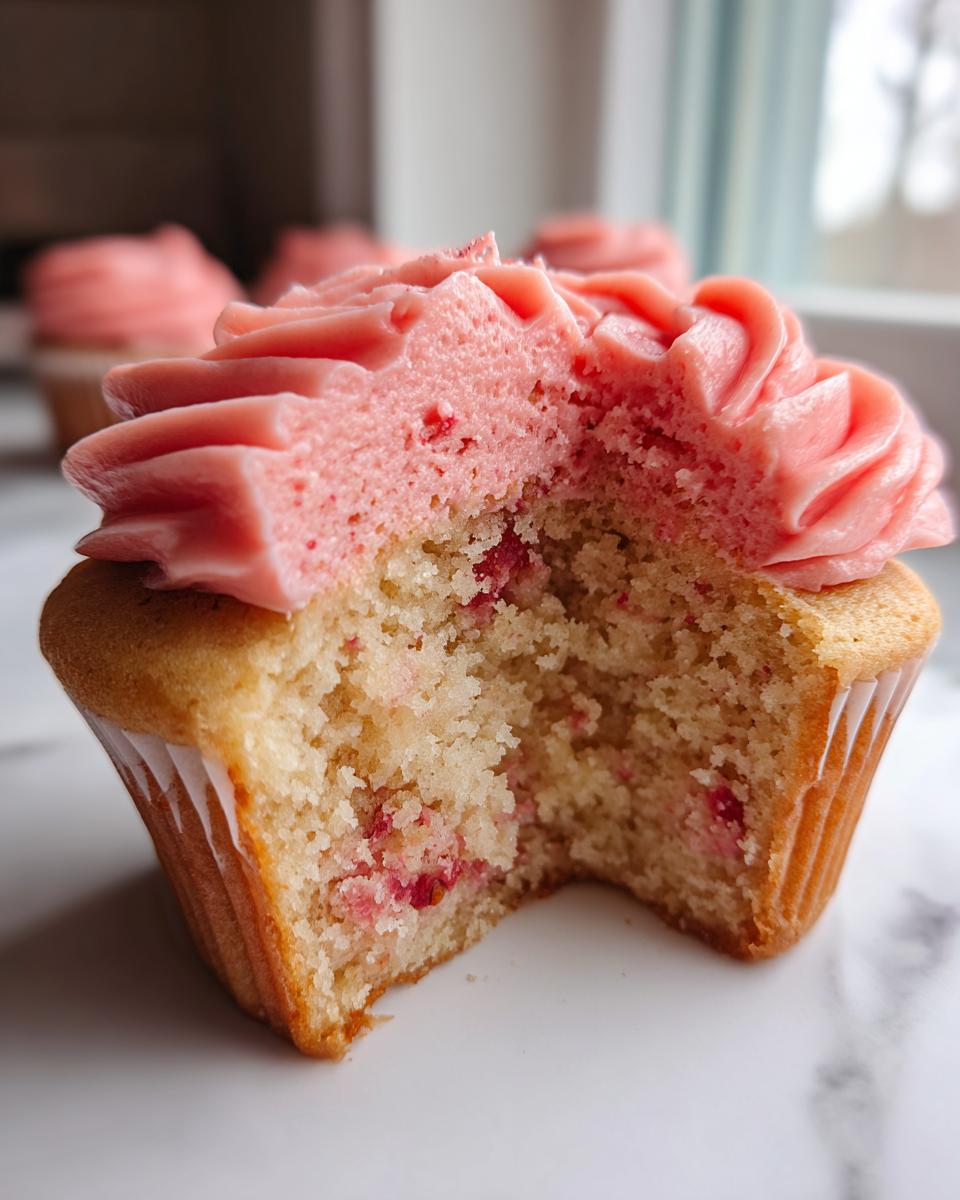 Close-up of a strawberry cupcake cut in half showing moist cake with strawberry pieces and bright pink frosting.
