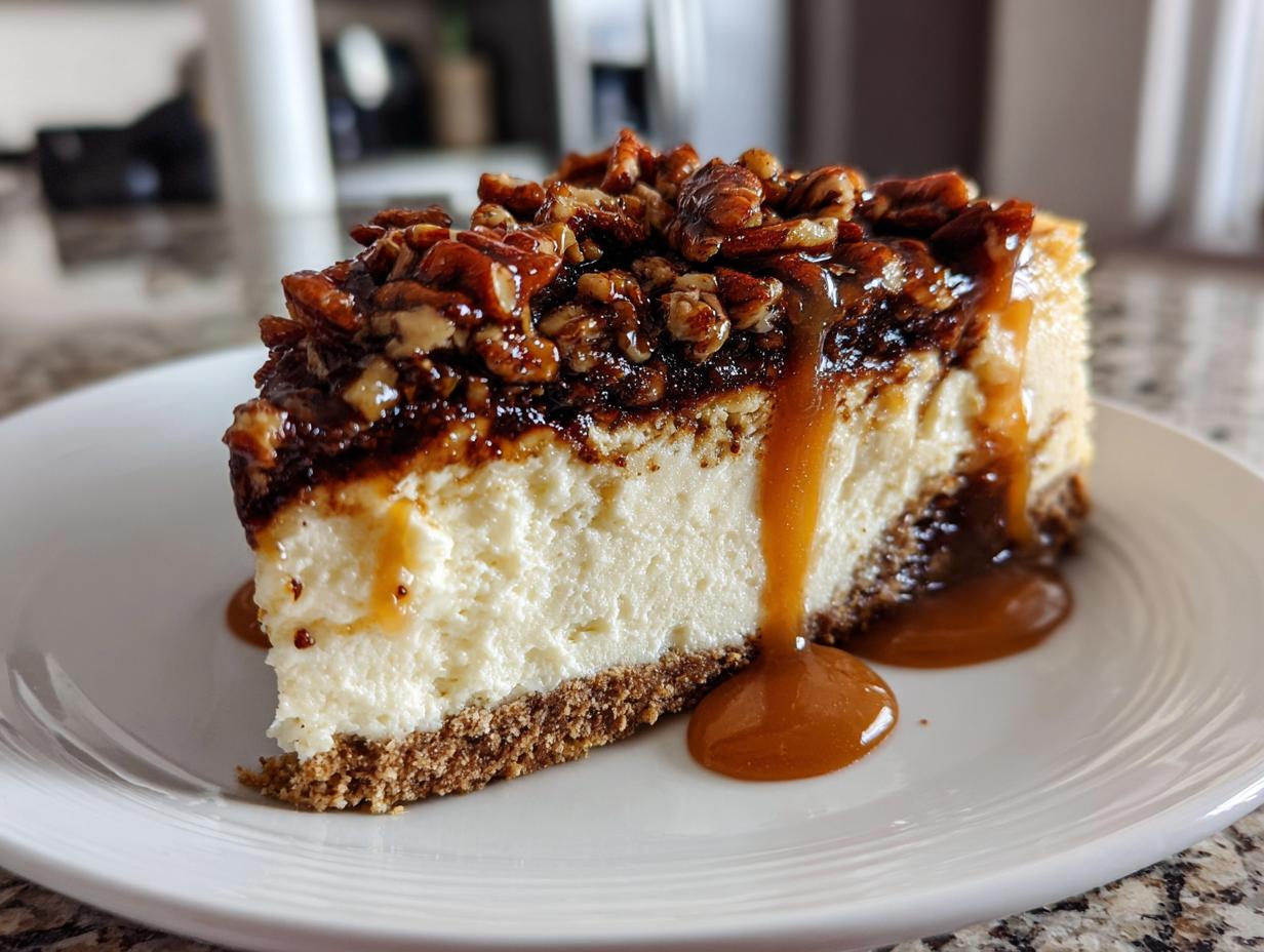 A decadent slice of turtle cheesecake topped with pecans, chocolate, and dripping with caramel sauce.
