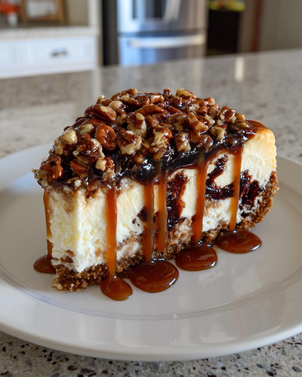A decadent slice of turtle cheesecake topped with pecans, chocolate, and dripping with caramel sauce.
