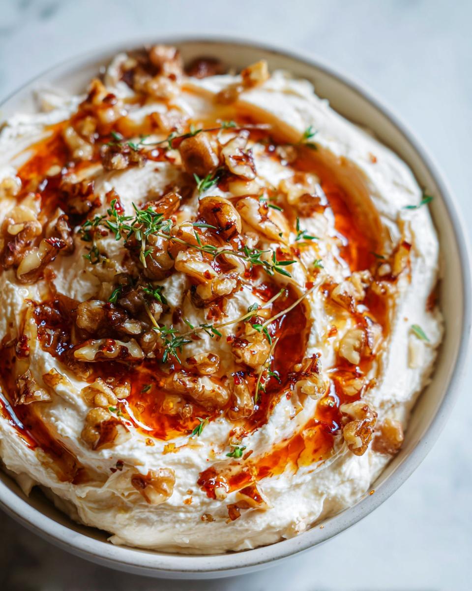 Close-up of amazing whipped ricotta dip topped with glazed walnuts, honey drizzle, and fresh thyme sprigs.