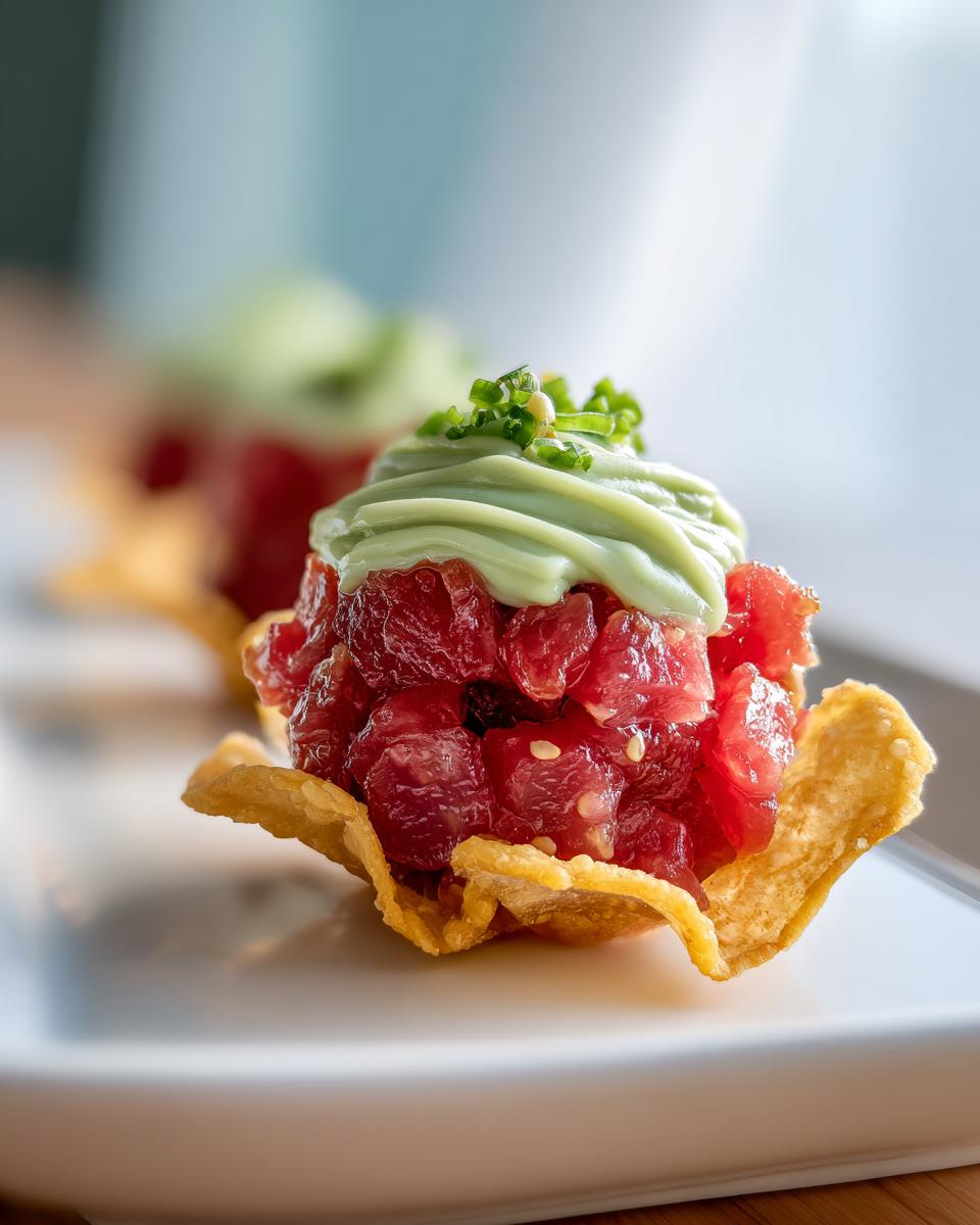 Close-up of vibrant red tuna tartare served in a crispy wonton cup, topped with avocado cream and chives.
