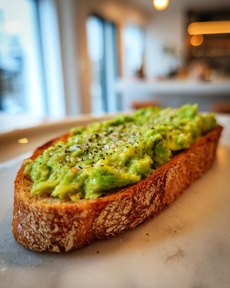 Close-up of a slice of avocado toast with mashed avocado and Everything Bagel seasoning on toasted sourdough.