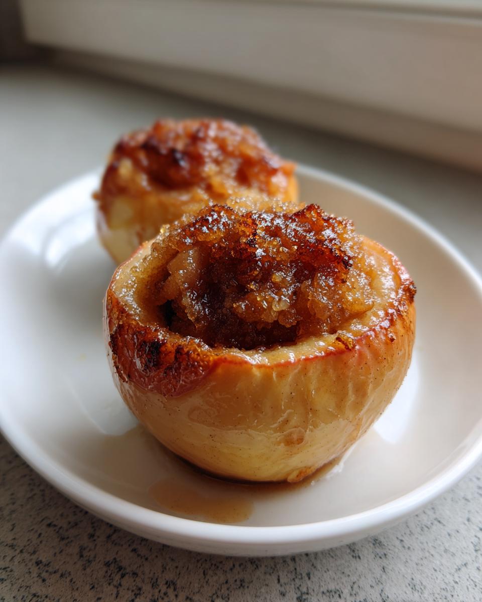 Two glistening baked apples served on a white plate, topped with caramelized brown sugar filling.