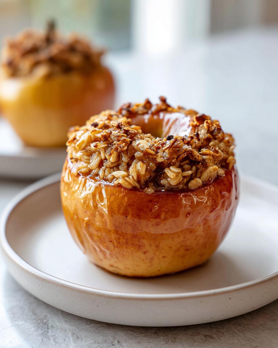 A close-up of a single, glistening baked apple topped generously with a brown sugar and oat crumble filling.