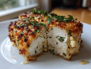 Close-up of a baked caesar chicken breast cut in half, showing juicy white meat and a golden, herbed crust.