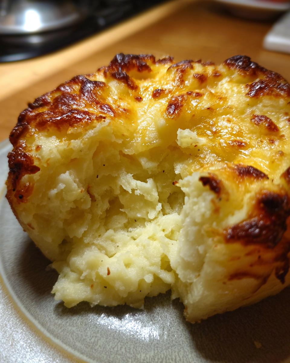 Close-up of a portion of baked mashed potatoes with a crispy, browned cheese topping.