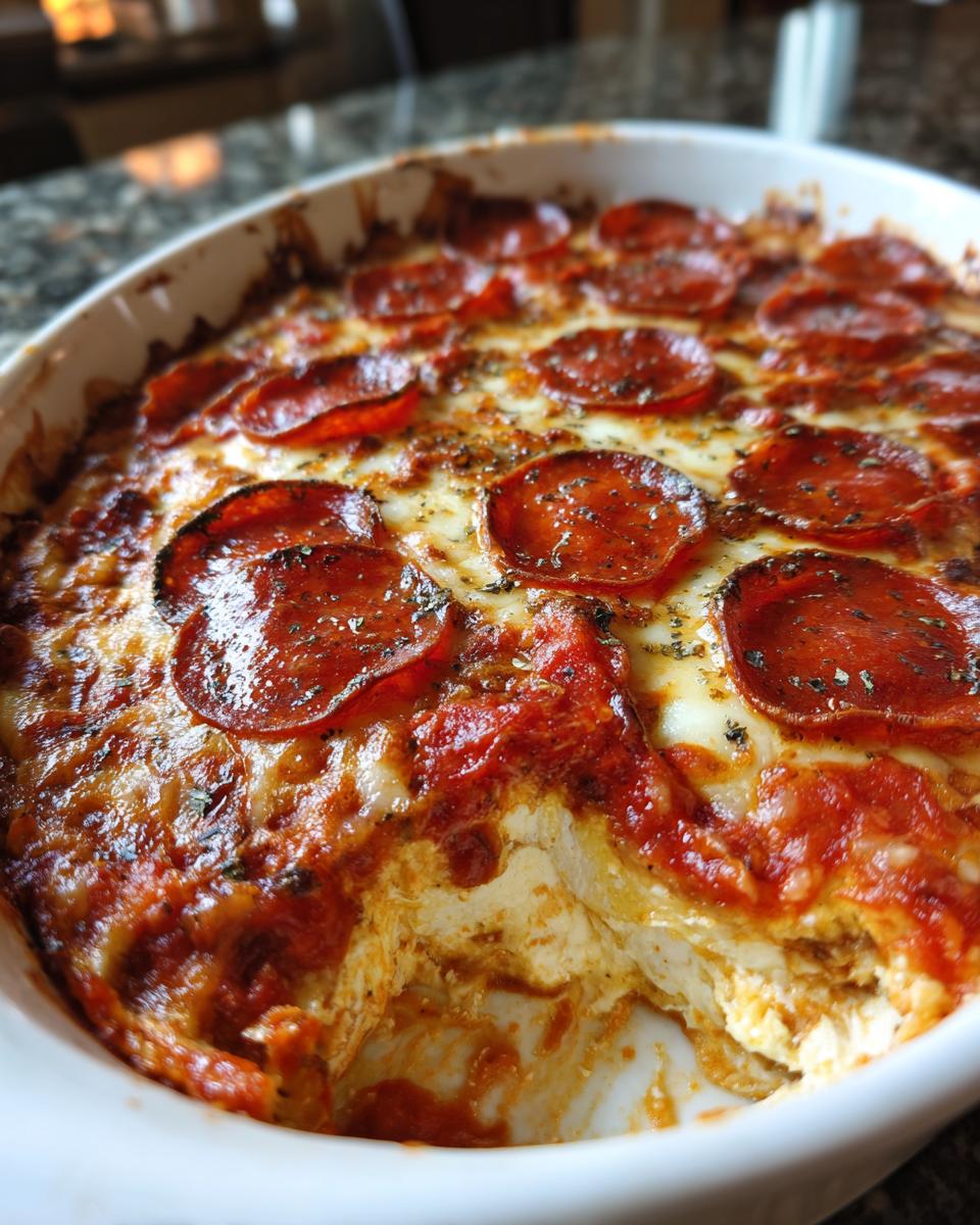 Close-up of a baked pepperoni pizza dip in a white dish, showing melted cheese and a scoop removed to reveal the creamy interior.