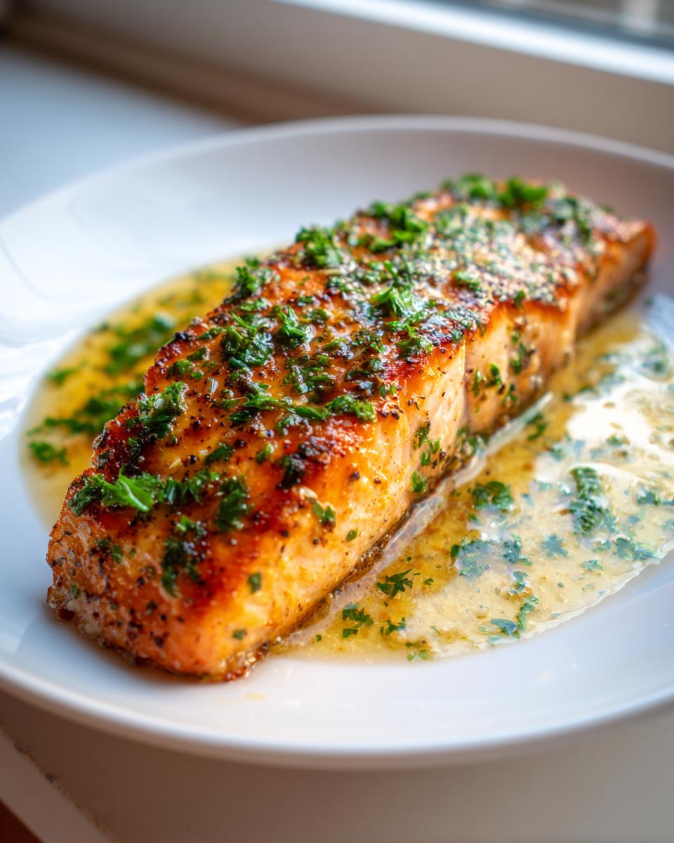 Close-up of a perfectly cooked baked salmon recipe fillet topped with fresh parsley and sitting in lemon butter sauce.