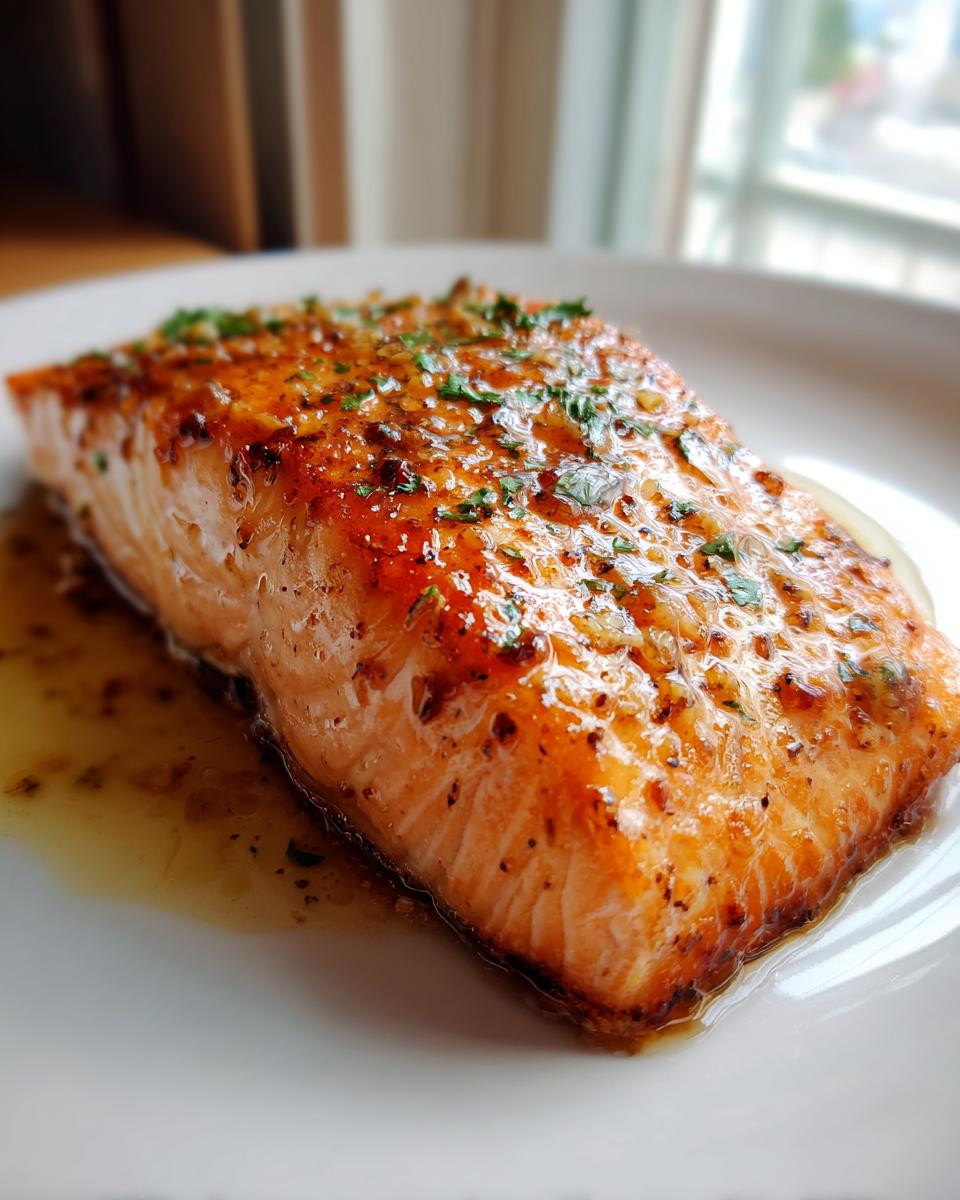 Close-up of a moist, glazed fillet from a baked salmon recipe, topped with herbs.