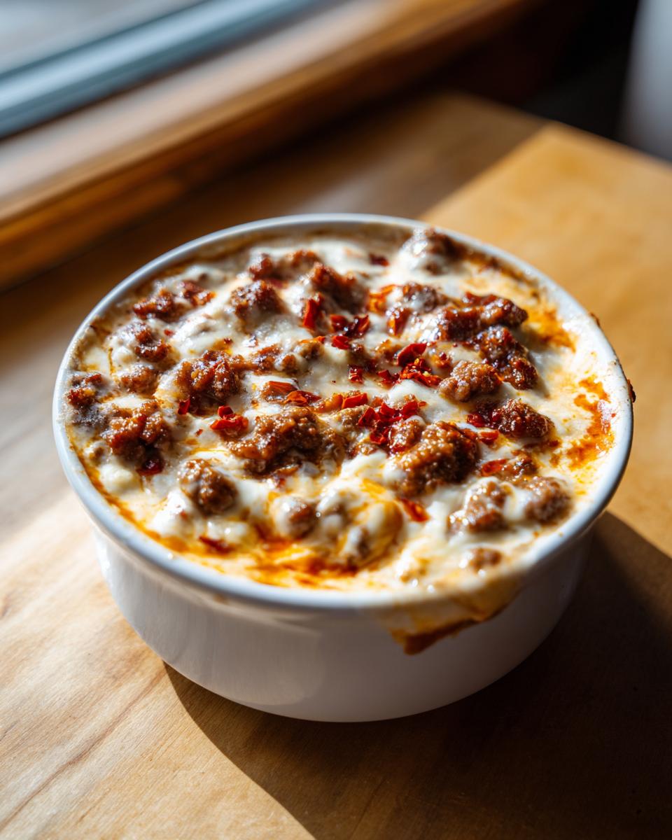 Close-up of hot, bubbly sausage cheese dip topped with browned sausage and red pepper flakes in a white bowl.