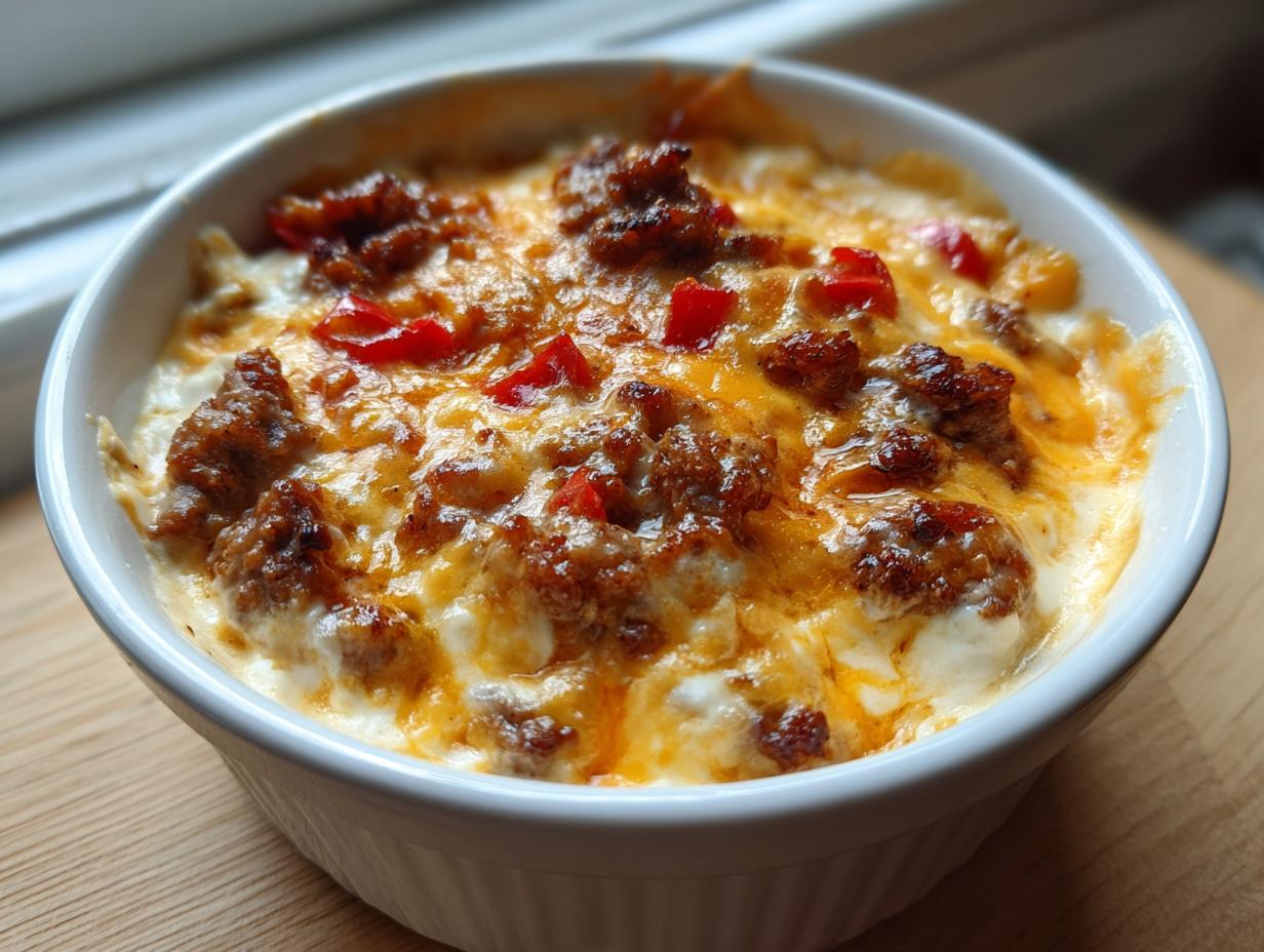 Close-up of a bubbling, baked sausage cheese dip topped with melted cheddar and red peppers in a white bowl.