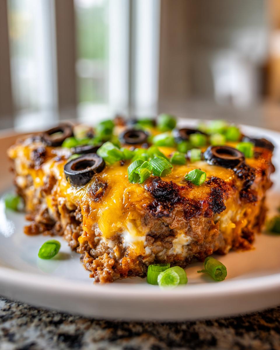 Close-up of a baked portion of texas trash dip topped with melted cheese, black olives, and green onions.