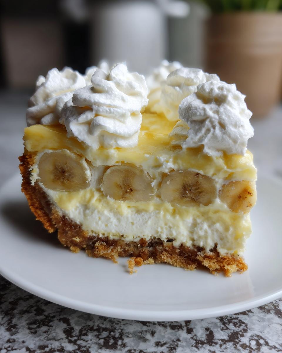 A close-up slice of banana cream cheesecake featuring a graham cracker crust, cream cheese layer, banana slices, and whipped cream dollops.