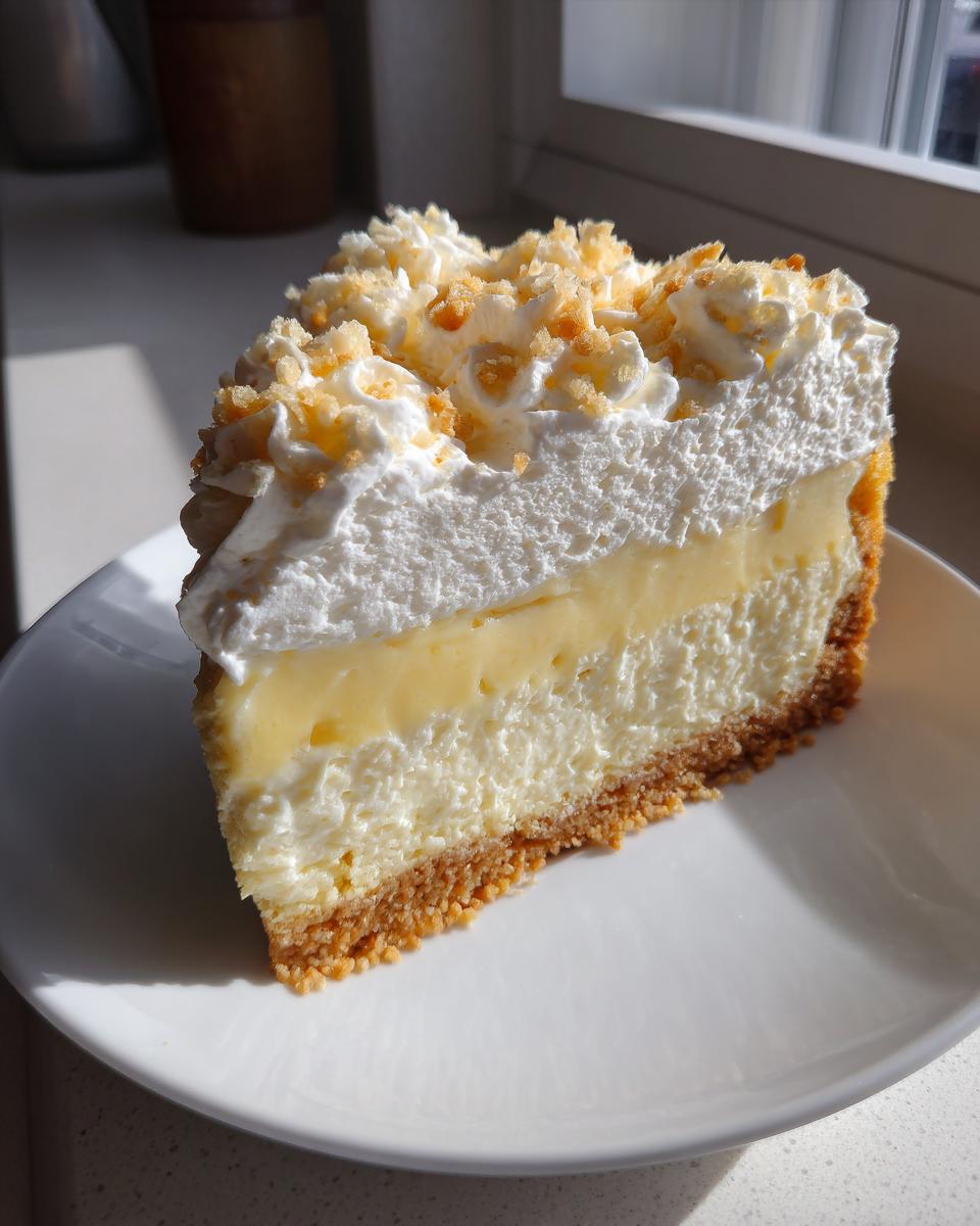A perfect slice of banana cream cheesecake showing graham cracker crust, creamy filling, custard layer, and whipped topping.
