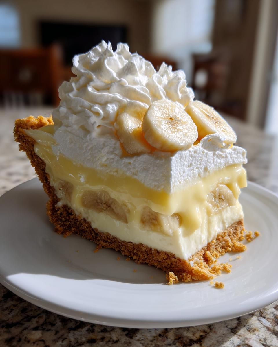 A decadent slice of banana cream cheesecake featuring a graham cracker crust, creamy filling, banana slices, and high whipped cream topping.