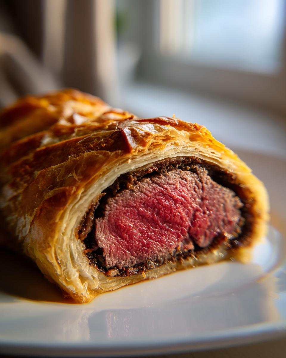 Close-up of a slice of beef wellington recipe showing medium-rare, pink center and flaky pastry.