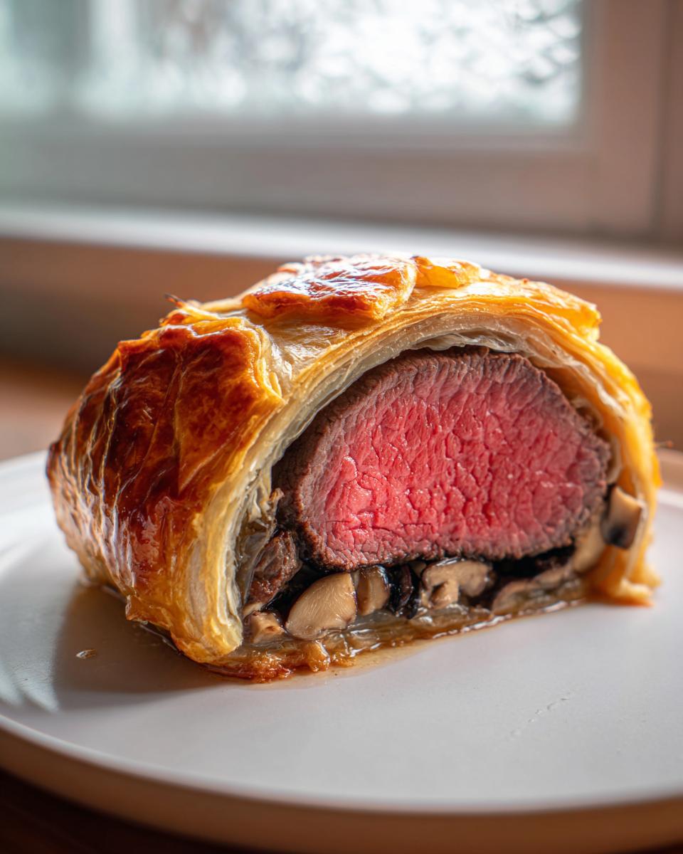 A cross-section slice of beef wellington recipe showing medium-rare pink beef, mushroom duxelles, and golden puff pastry.
