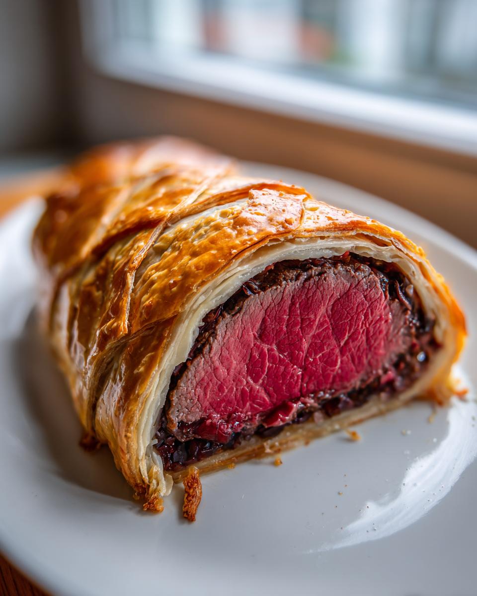 A cross-section slice of beef wellington recipe showing medium-rare pink tenderloin wrapped in golden puff pastry.