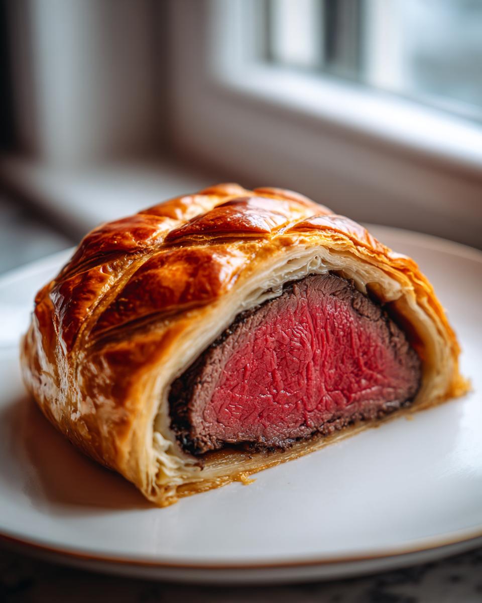 Close-up of a slice of beef wellington recipe showing medium-rare pink center and golden pastry.
