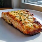 Close-up of a perfectly cooked piece of baked salmon recipe with a golden, cheesy crust and fresh parsley.