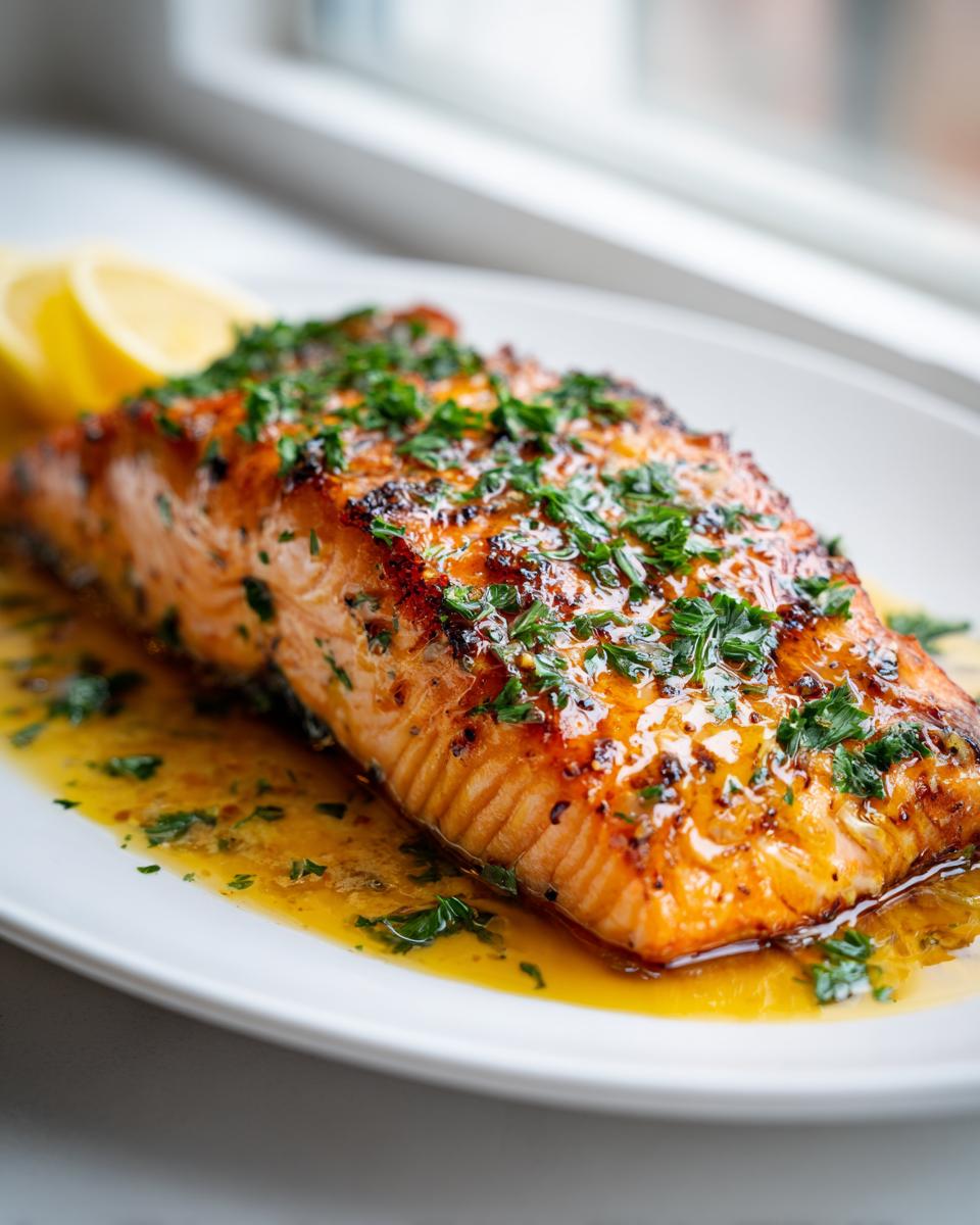 Close-up of a flaky, glazed baked salmon recipe fillet topped with fresh parsley and lemon slices.