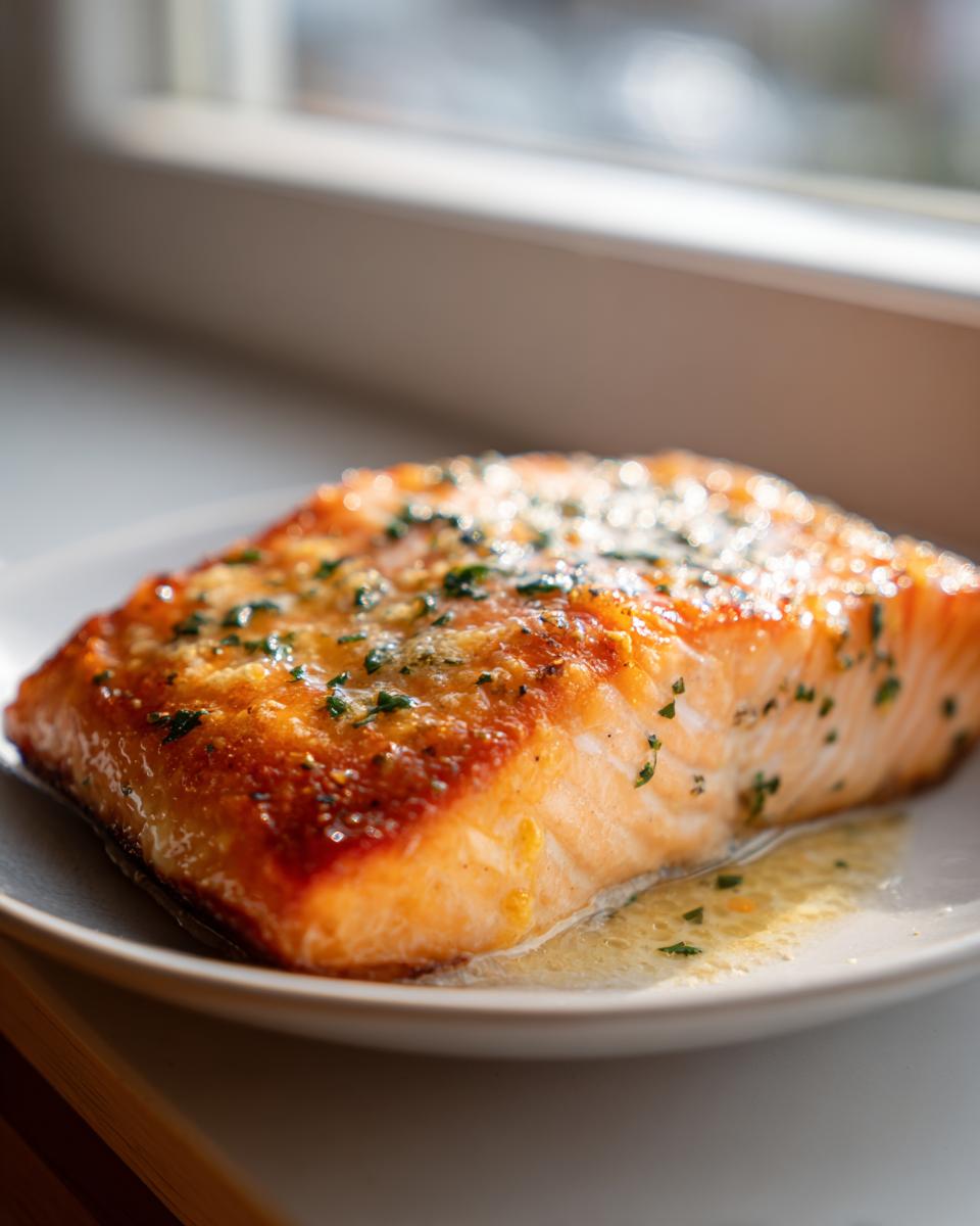 Close-up of a golden brown baked salmon recipe fillet topped with melted butter and fresh parsley.