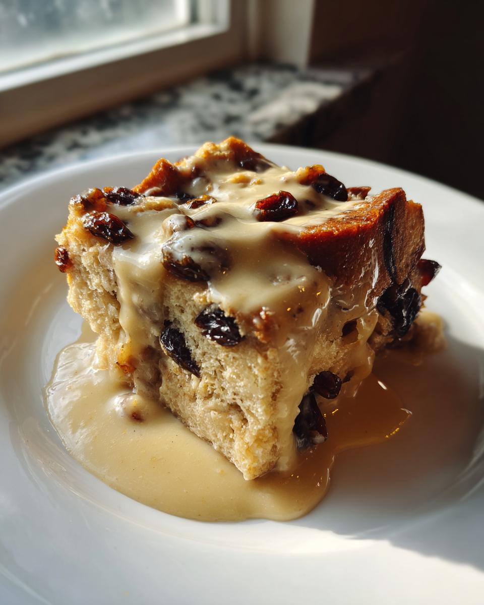 A square slice of rich bread pudding, studded with raisins and generously topped with vanilla sauce.