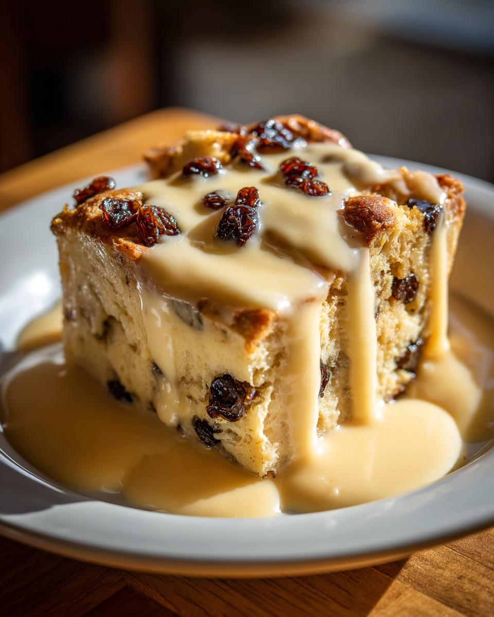 A generous slice of raisin bread pudding drenched in rich, creamy vanilla custard sauce.
