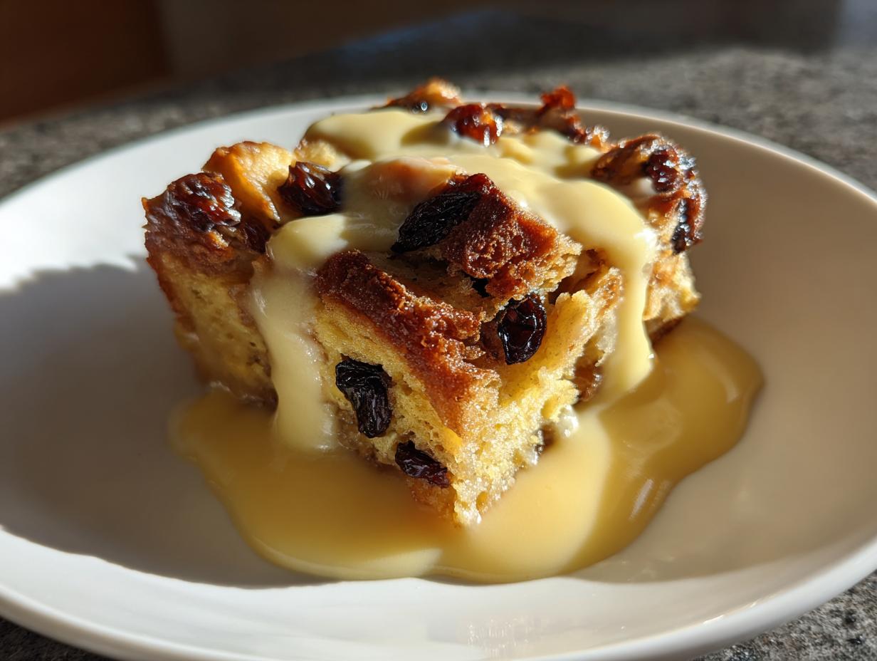 A close-up of a square slice of raisin bread pudding topped generously with creamy vanilla custard sauce.