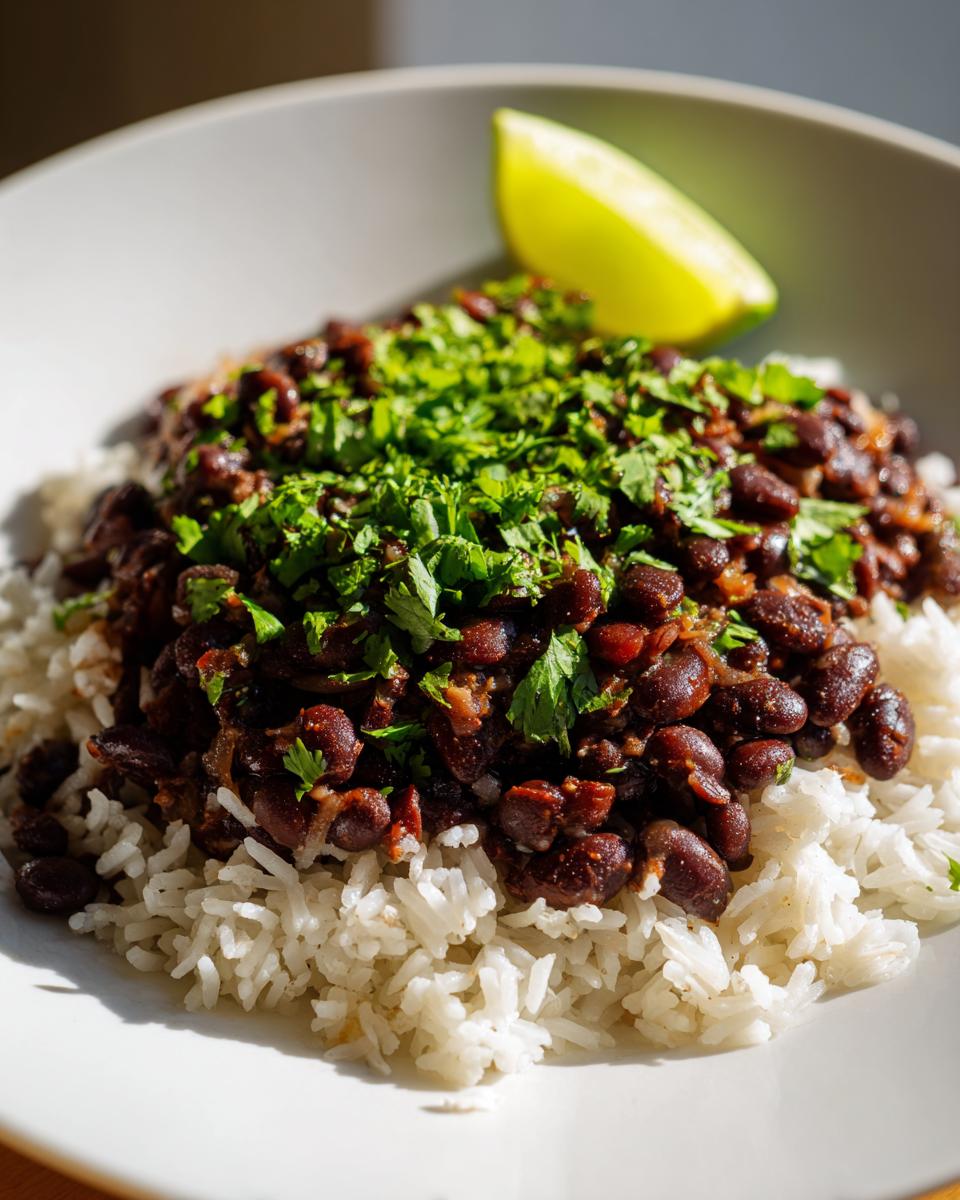 A close-up of delicious black beans and rice topped generously with fresh cilantro and a lime wedge.