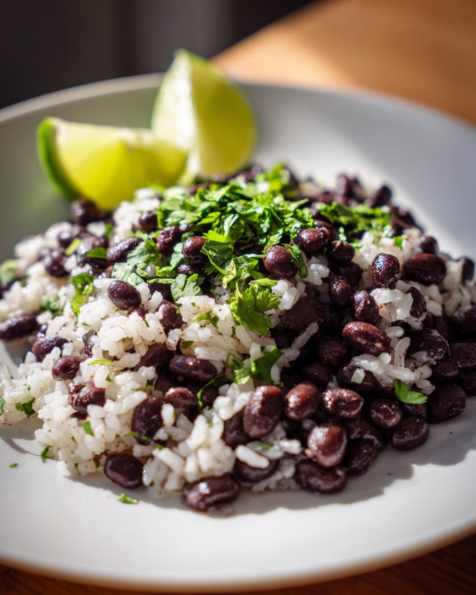 A close-up of a serving of flavorful black beans and rice topped with fresh cilantro and two lime wedges.