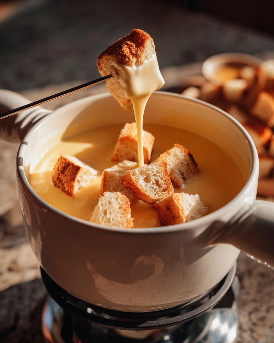 A piece of bread on a fondue fork is being dipped into a pot of hot, velvety cheese fondue.