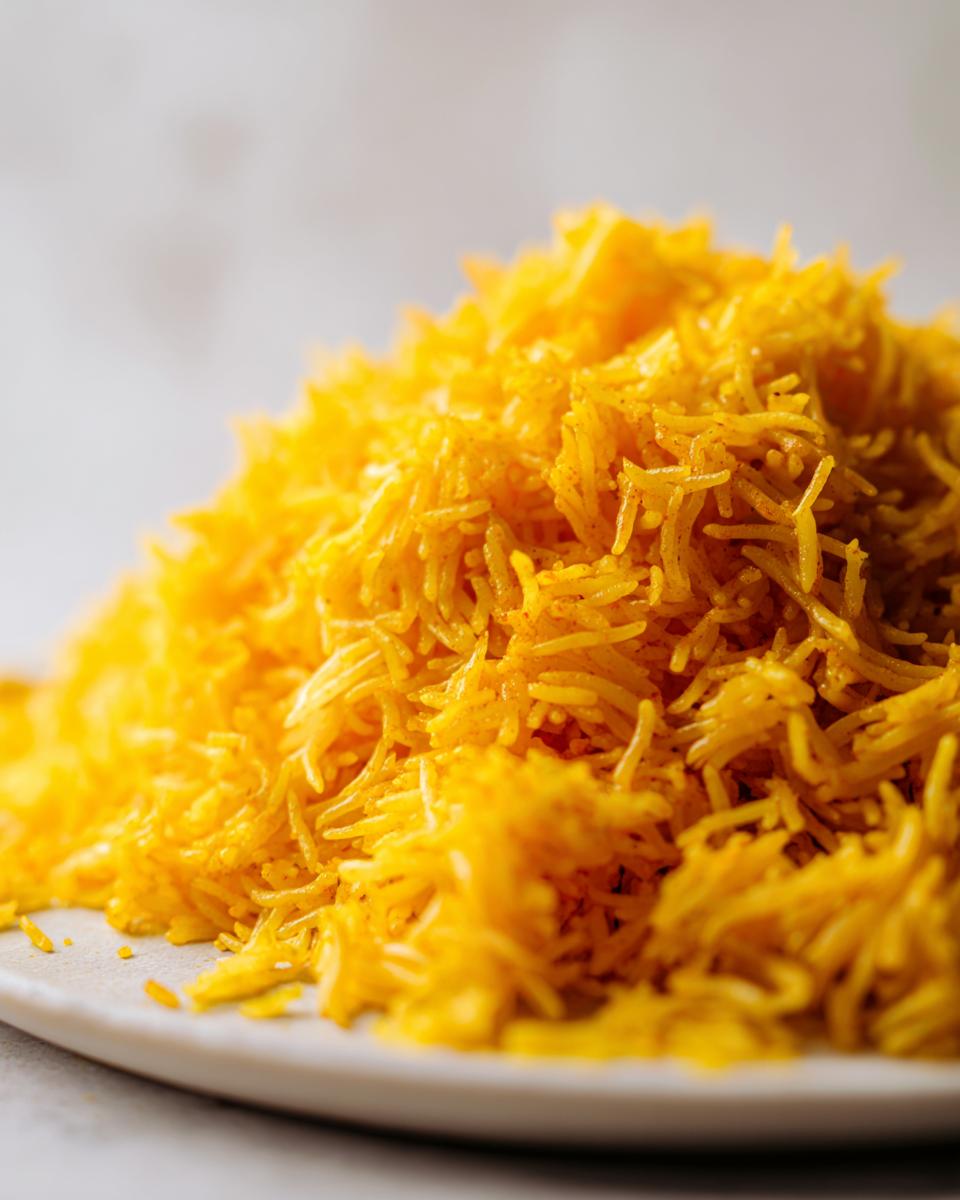 A close-up, macro shot of fluffy, bright yellow turmeric rice piled high on a light-colored plate.