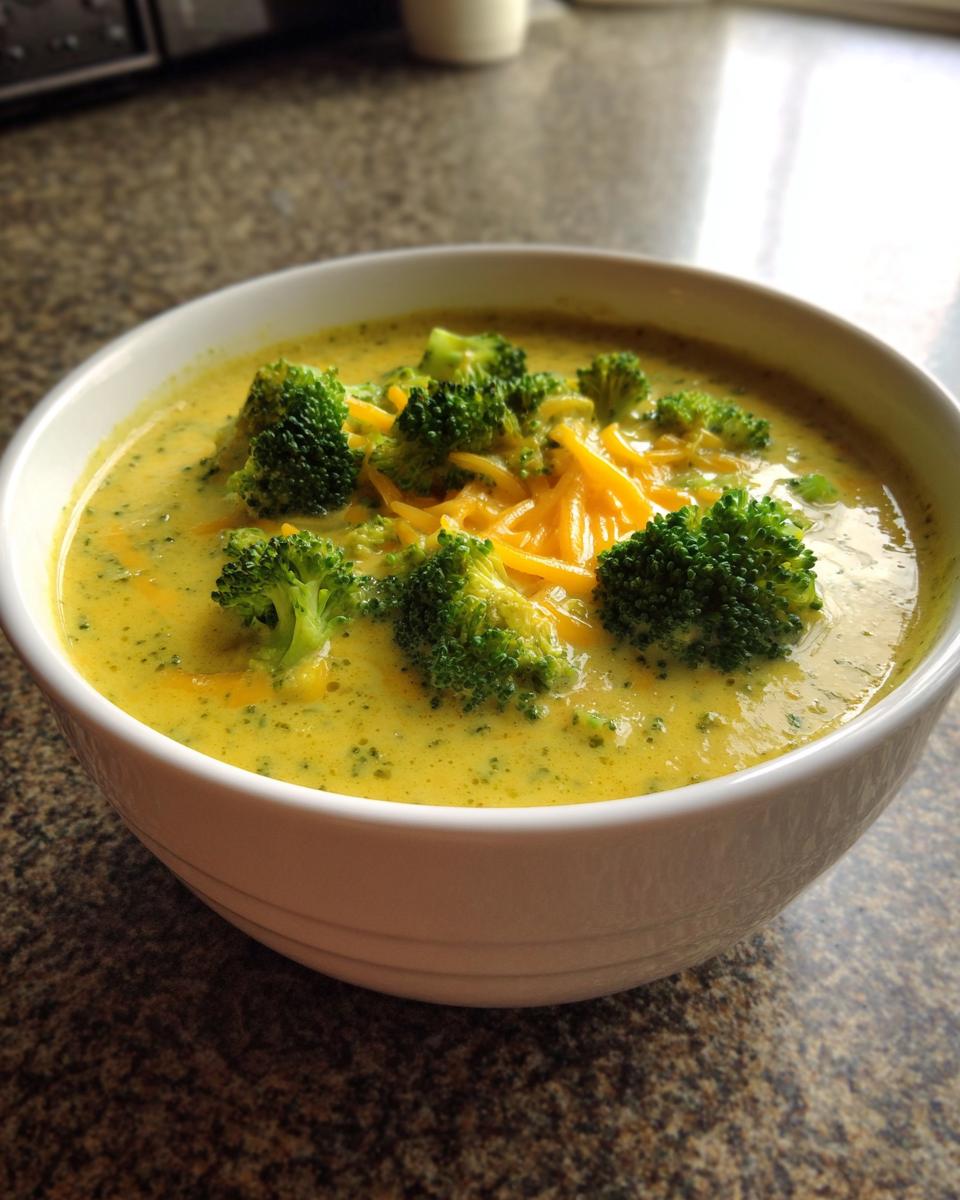 A close-up of a white bowl filled with creamy yellow broccoli cheddar soup, topped with fresh broccoli florets and shredded cheddar cheese.