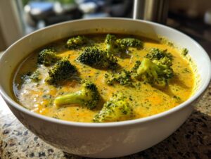 Close-up of a creamy, bright yellow broccoli cheddar soup filled with large florets of green broccoli.