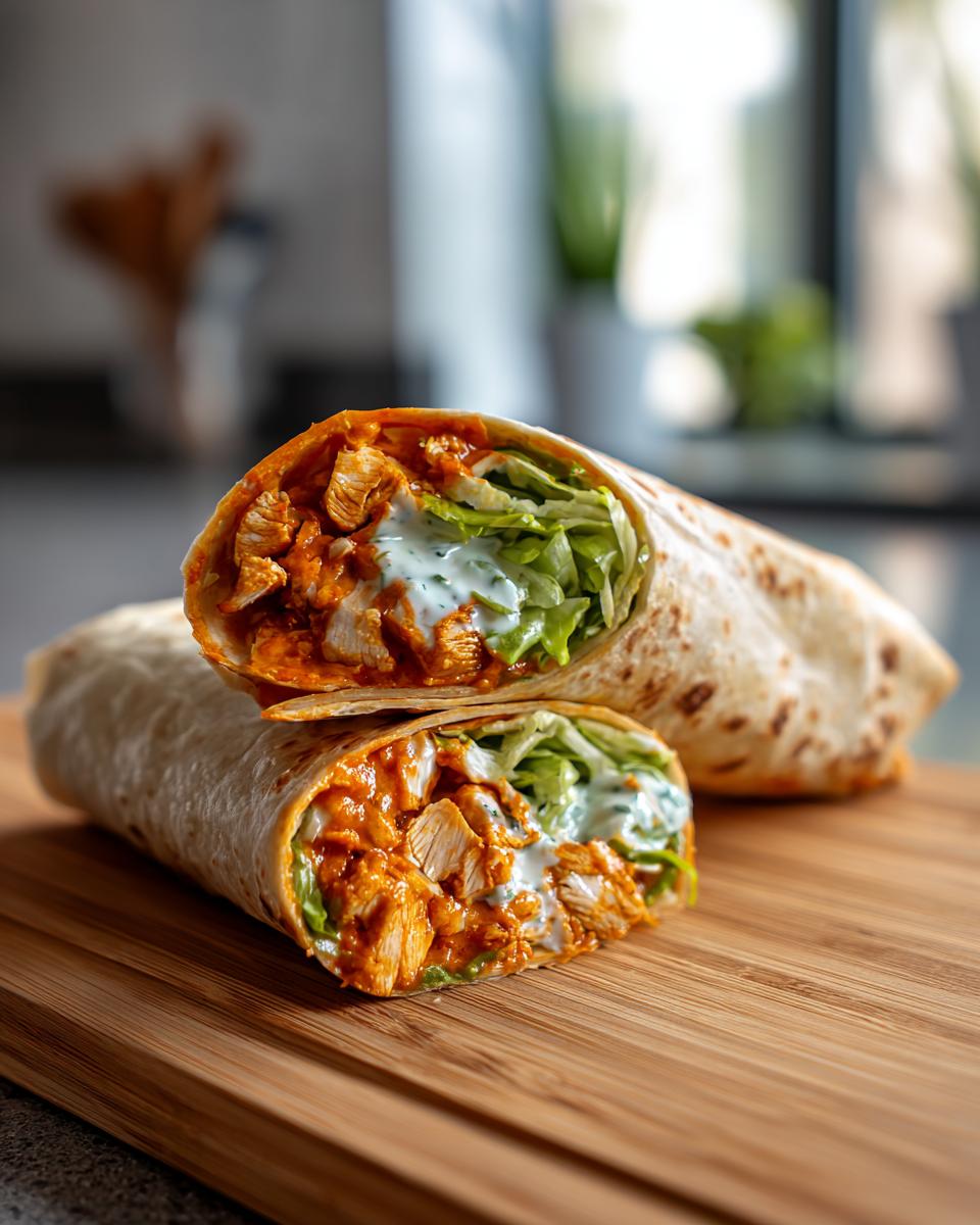 Two halves of a delicious buffalo chicken wrap cut open, showing spicy chicken, lettuce, and ranch dressing.
