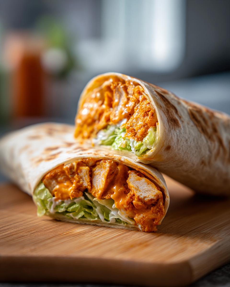 Close-up of a buffalo chicken wrap cut in half, showing spicy chicken, lettuce, and sauce inside a tortilla.