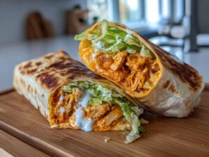 Two halves of a grilled buffalo chicken wrap cut on a wooden board, showing shredded chicken, lettuce, and ranch dressing.